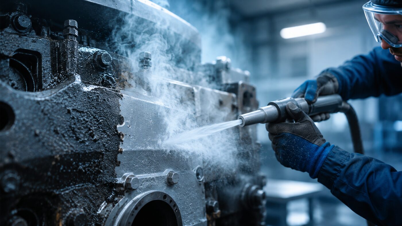 Dry ice blasting machine cleaning industrial equipment with high-speed dry ice particles