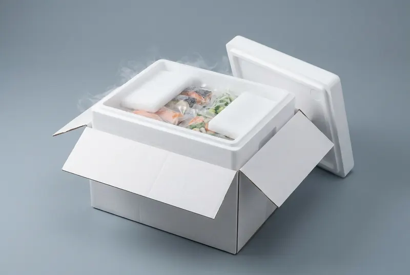 Foam insulated cooler inside a shipping carton, holding vacuum-sealed frozen food under two slabs of dry ice