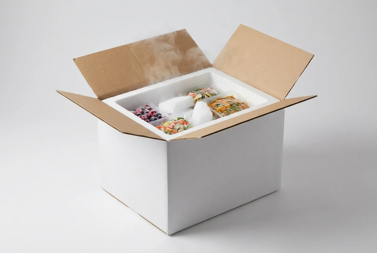 Frozen meal-kit trays packed in a plain shipping box with slabs of dry ice on top, vapor drifting over the edge