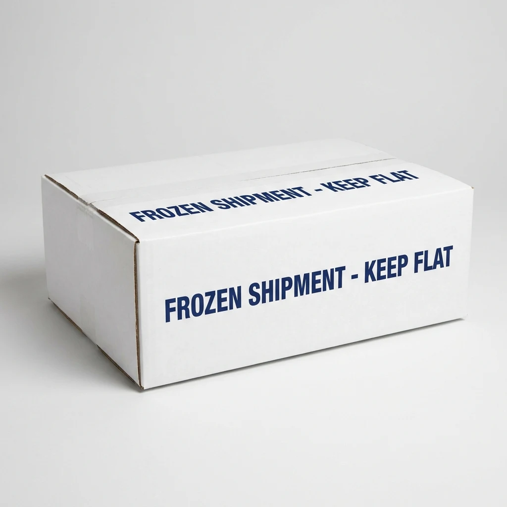Custom-branded white shipping box printed with a frozen-shipment label