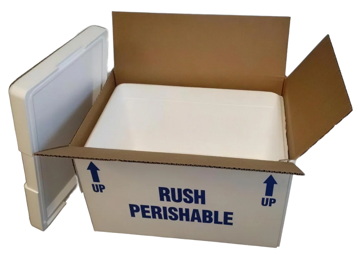 Insulated shipping cooler opened inside its RUSH PERISHABLE carton, foam liner visible