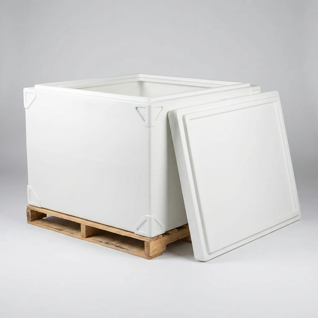 Large heavy-duty insulated bulk shipping cooler on a pallet, lid resting alongside