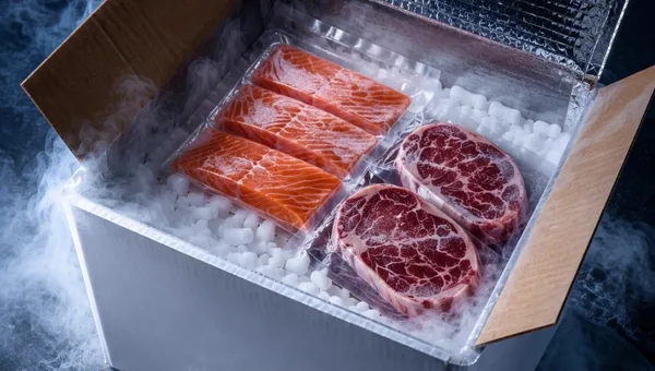 Fresh salmon and steak packed with dry ice in an insulated shipping box