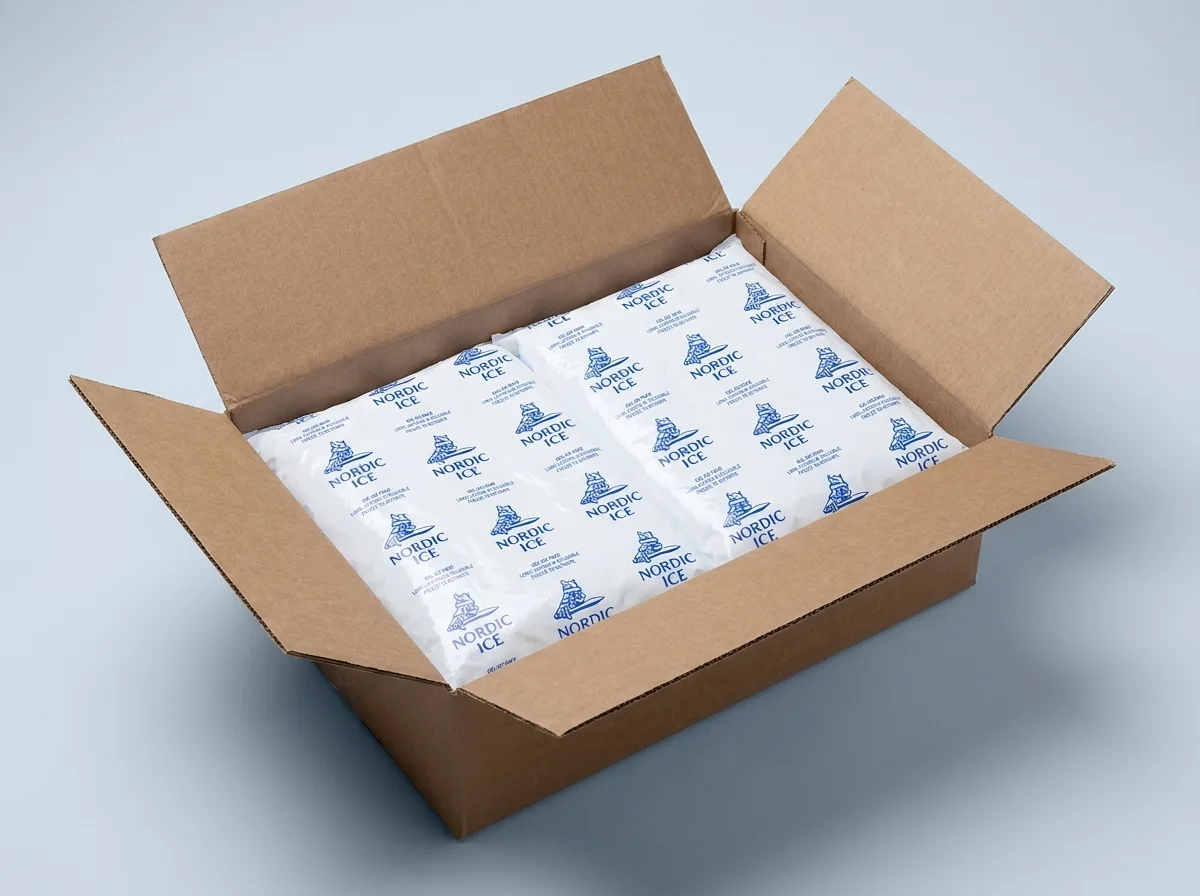 Case of reusable gel packs packed inside an open cardboard shipping box