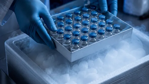 Gloved technician placing vaccine vials into a dry-ice cooler